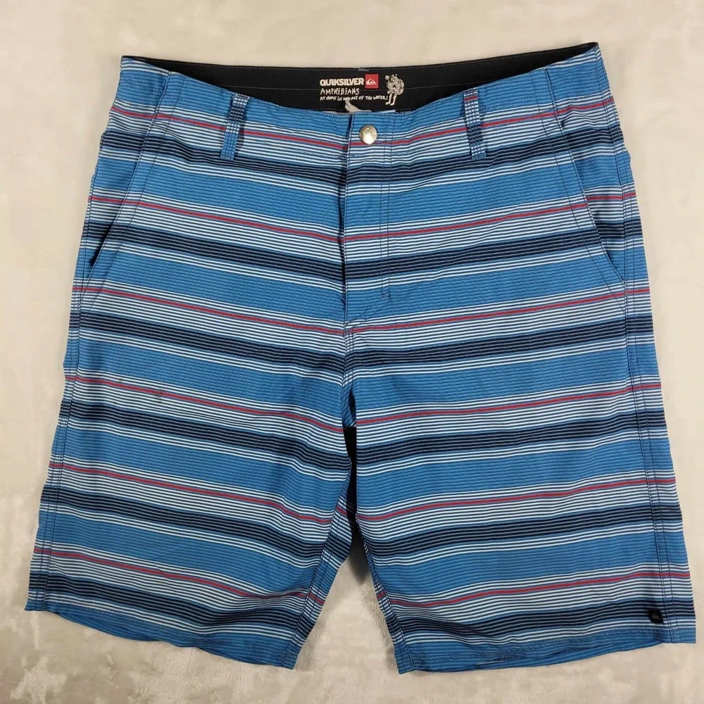 Quiksilver Amphibian Board Shorts Men's 36 Blue Striped‎ Swim Pool Beach